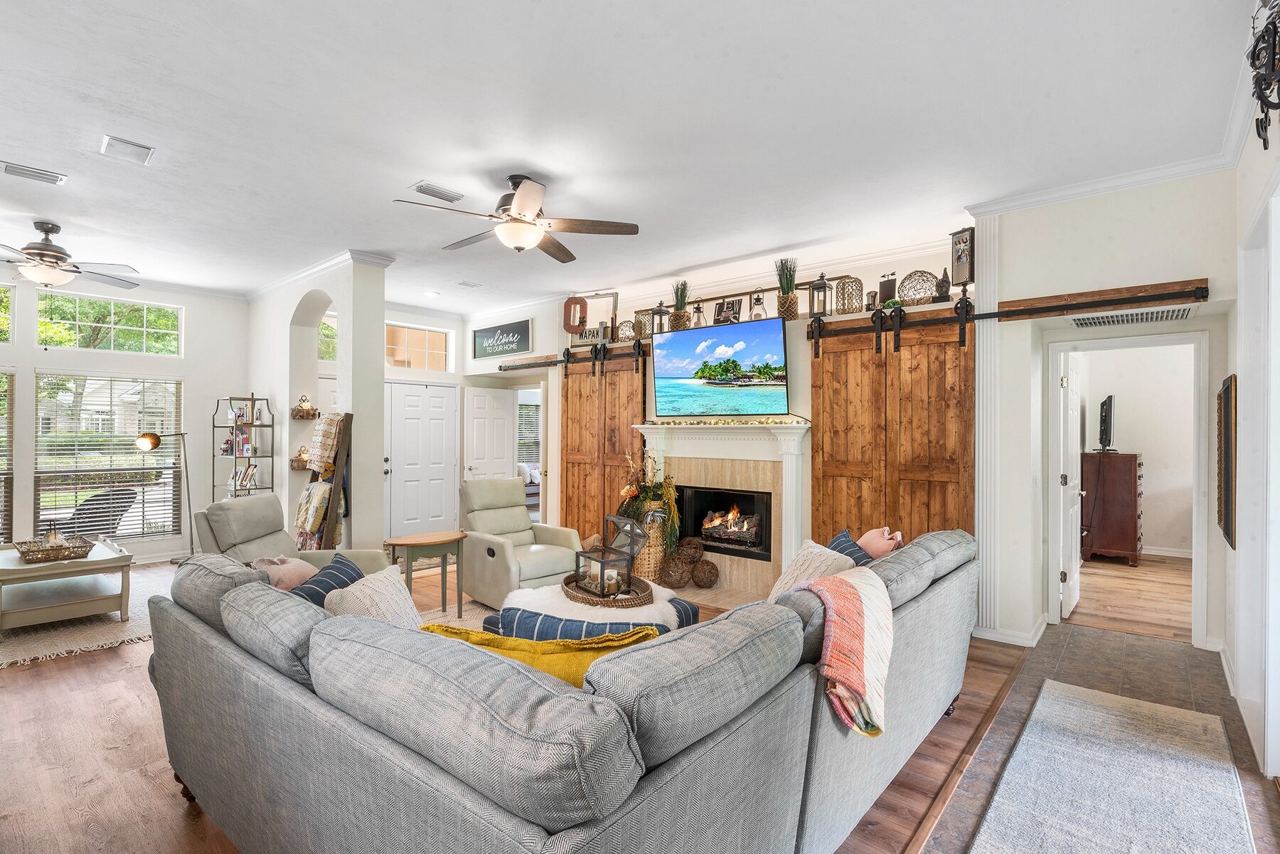 Bright living room with fireplace